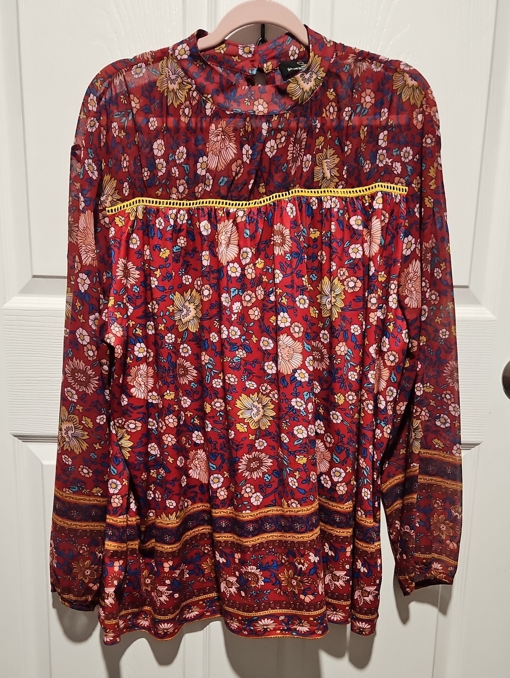 Suzanne Betro Burgundy Floral Boho Blouse with Yellow Trim
